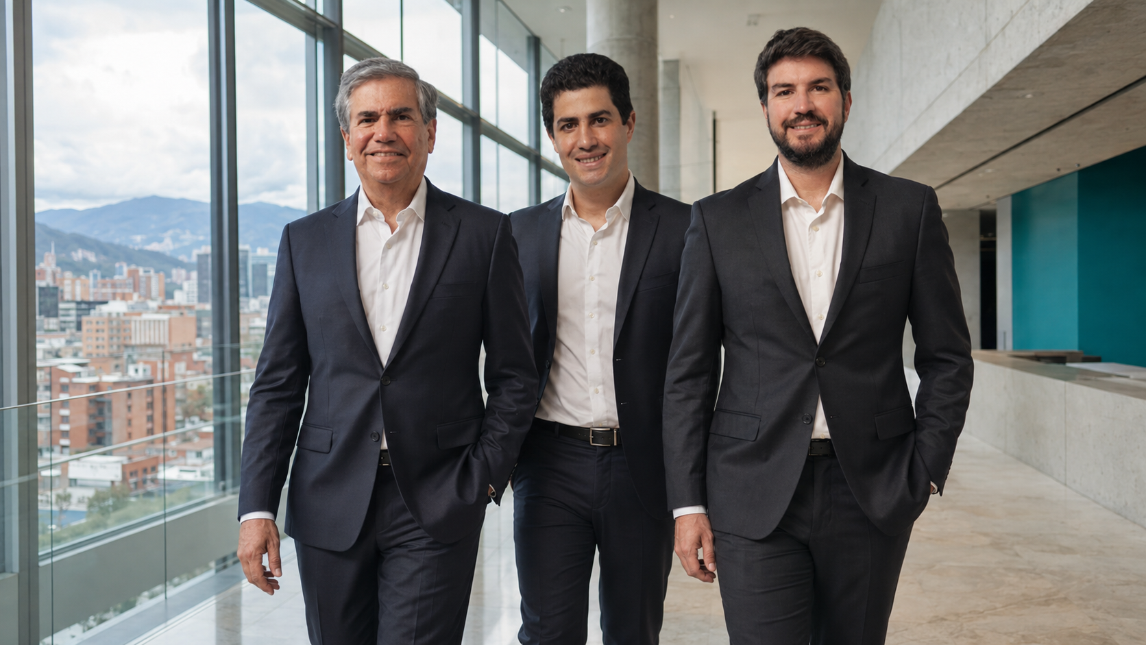Los tres socios de Lexia Abogados caminando en un lobby corporativo con vista de la ciudad de Bogotá